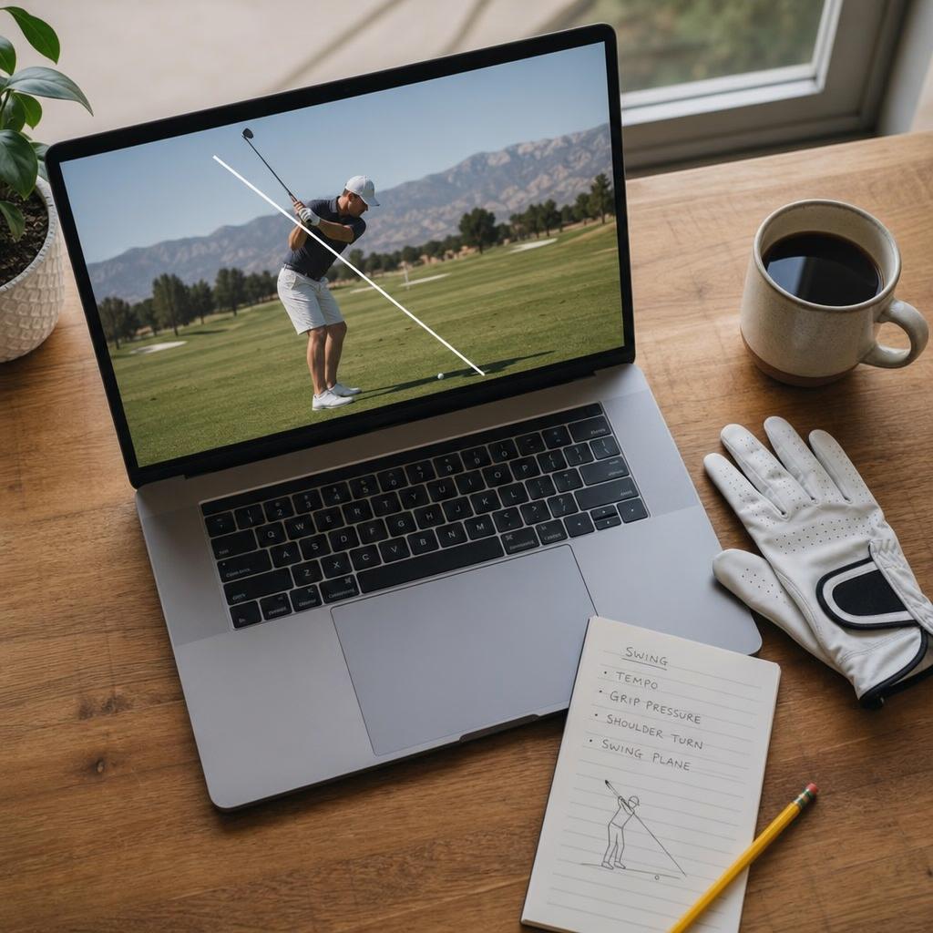 Reviewing a golf swing video on a laptop